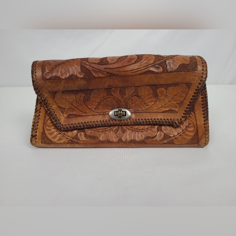 Vintage Tooled 100% Leather Purse Floral Medium 10x4x5